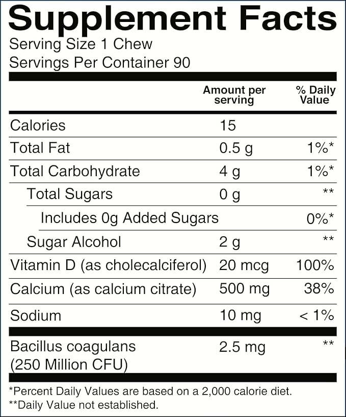BariatricPal Sugar-Free Calcium Citrate Soft Chews | 500mg with Vitamin D &amp Probiotics | Blue Raspberry | 90 Count (1 Month Supply)