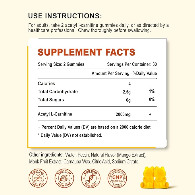 2 Pack Acetyl L-Carnitine Gummies L-Carnitine Supplement for Women &amp Men Nutrition Supplement for Boost Energy Immunity &amp Brain Health Vegan Non-GMO Mango Flavor 120 Count