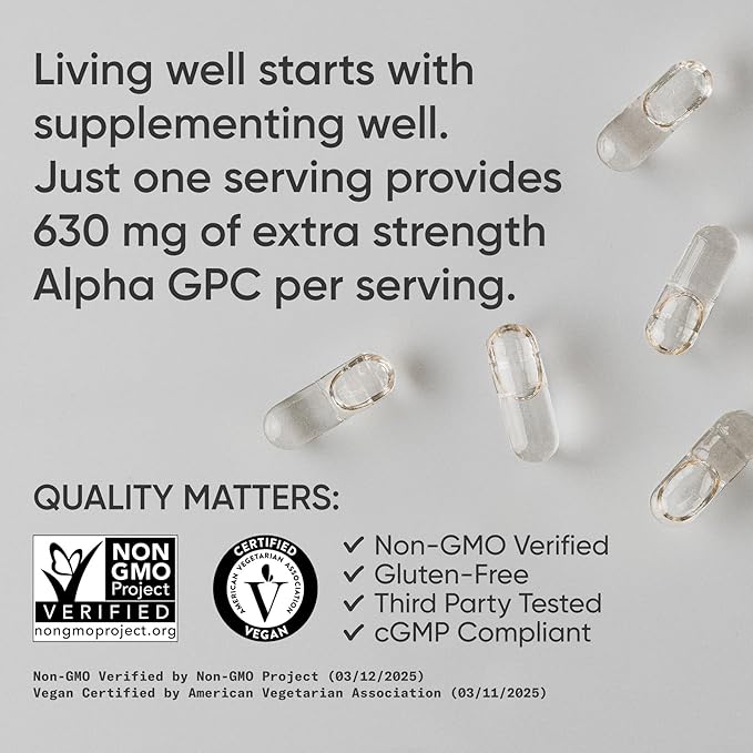 Sports Research® Alpha GPC 630mg (Extra Strength) - Bioavailable Source of Choline - Focus &amp Cognitive Support for Women &amp Men - Vegan Certified · Non-GMO · Gluten Free - 60 Liquid Capsules