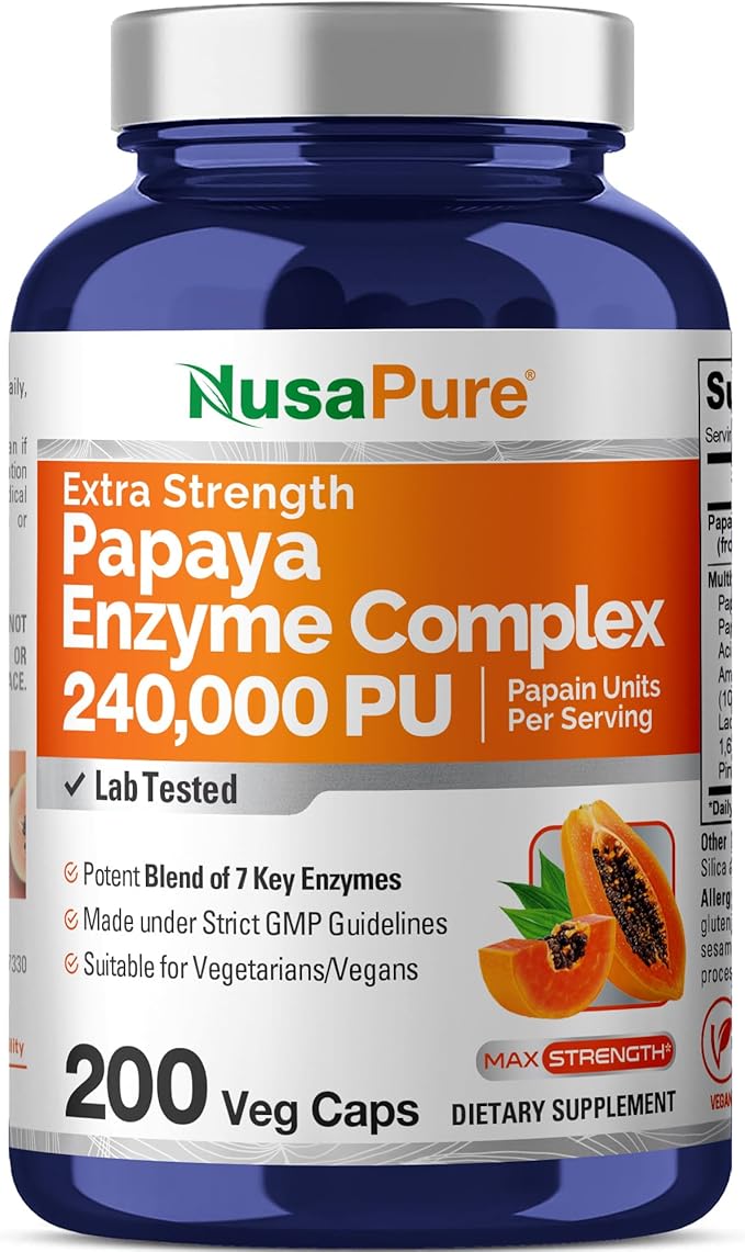 NusaPure Papaya Papain Enzyme Complex 240000 PU - 200 Veggie Caps - Suitable for Vegetarian Vegan Non-GMO