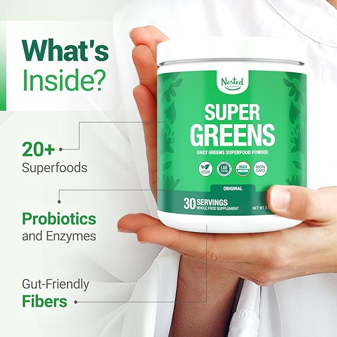 Nested Naturals Super Greens Daily Superfood Powder - Certified USDA Organic Green Powder w/20+ Whole Foods Spirulina PowderWheat &amp Barley Grass - Probiotics Fiber &amp Enzymes - Original Flav