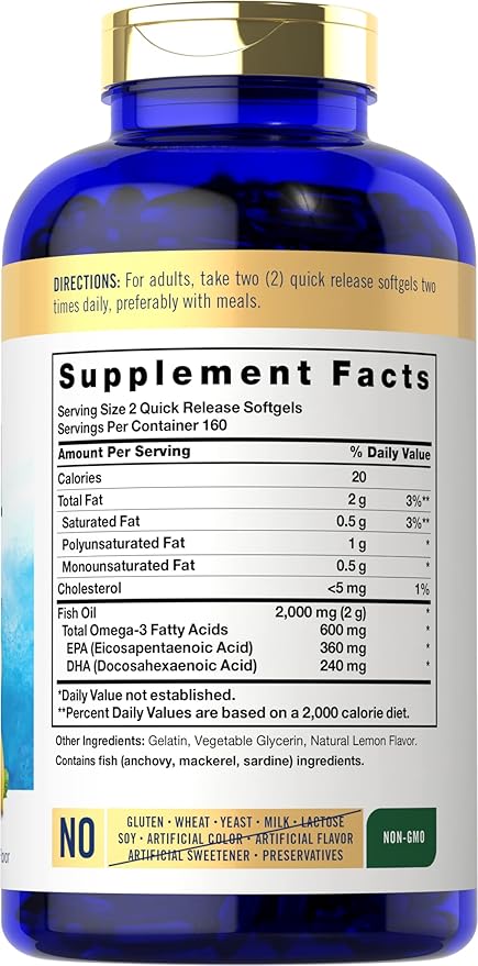 Carlyle Fish Oil Omega 3 Supplements | 2000mg | 320 Softgels | EPA &amp DHA | 600mg Total Omega-3 | Non-GMO Gluten Free Pills