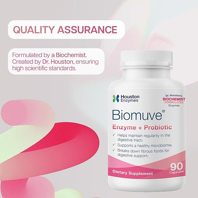 Houston Enzymes Biomuve – 120 Capsules | Professionally Formulated to Maintain Regularity &amp Healthy Bowel Movements | Unique Combination of Enzymes Probiotics Prebiotics &amp Botanicals