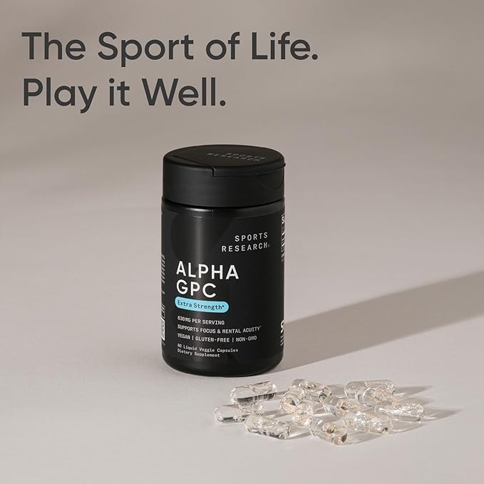 Sports Research® Alpha GPC 630mg (Extra Strength) - Bioavailable Source of Choline - Focus &amp Cognitive Support for Women &amp Men - Vegan Certified · Non-GMO · Gluten Free - 60 Liquid Capsules