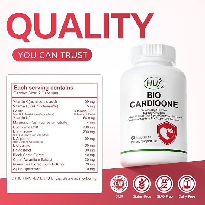 HUJ BIO CARDIOONE - 14 in 1 Formula with Nattokinase L-Arginine L-Citrulline &amp Black Garlic Extract - Vascular Health Circulation and Blood Flow Support - 60 Capsules