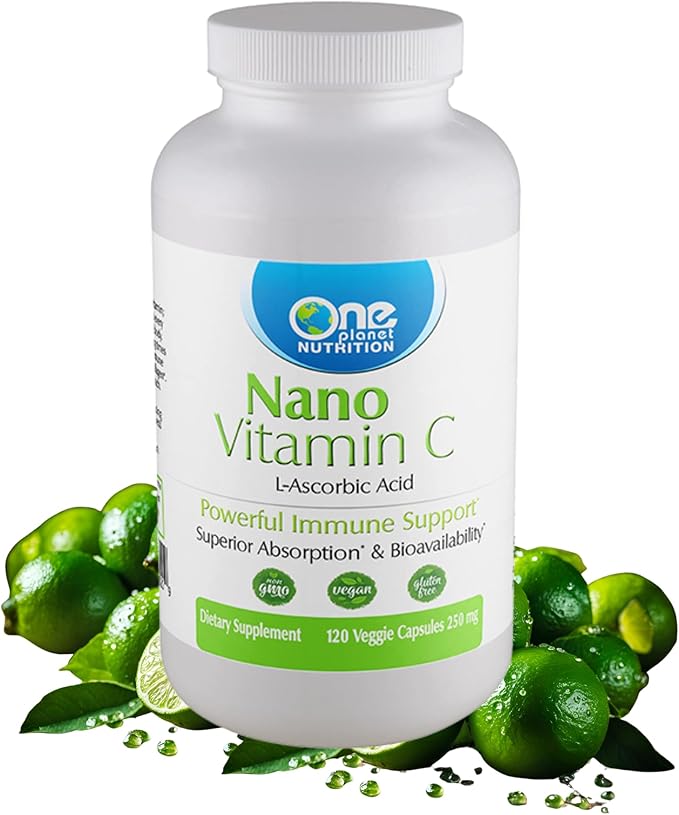 One Planet Nutrition Nano Vitamin C 250 mg Veggie Capsules (240 Servings) Ascorbic Acid from Lime Extract Nano for Enhanced Absorption Supports Collagen Production &amp Immune Health Non-GMO Veg
