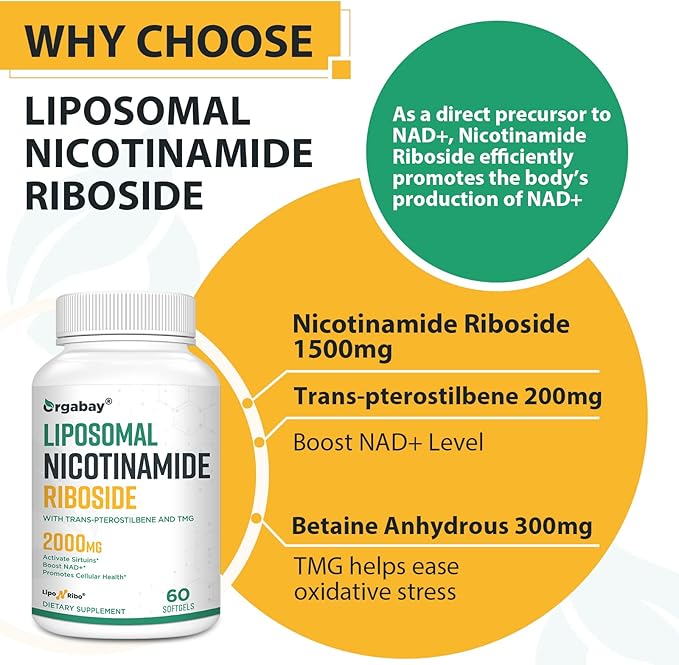 Orgabay Liposomal Nicotinamide Riboside 2000 MG with TMG and Pterostilbene Boosting NAD+ Support Healthy Aging 120 Count