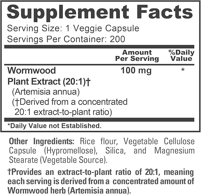 NusaPure Wormwood Capsules 100 mg 200 Veg Capsules (Non-GMO Vegan)