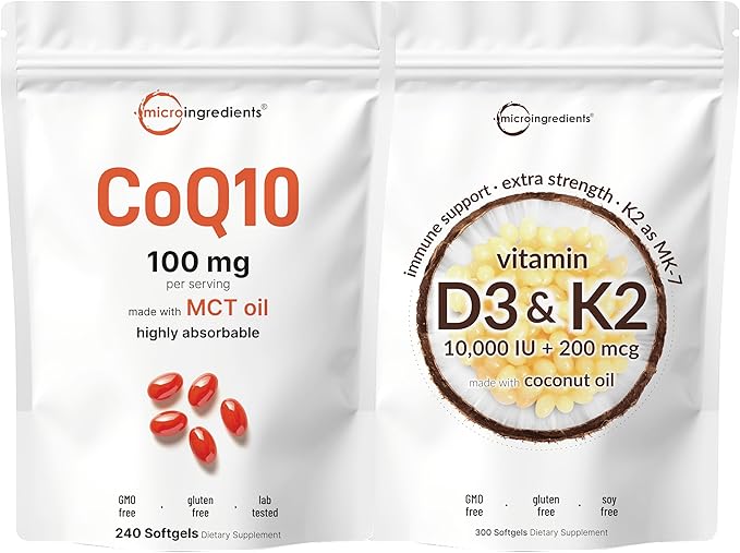 Micro Ingredients Vitamin D3 10000iu + K2 200mcg &amp CoQ10 100mg Bundle 2 Pack | Essential Sunshine Vitamins | High Absorption Ubiquinone