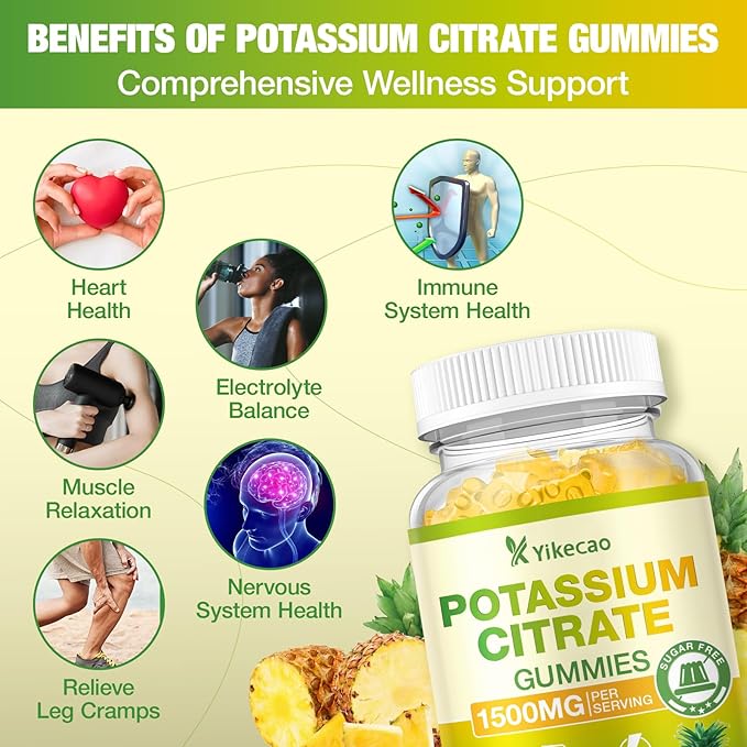 2 Pack Potassium Citrate Gummies 1500mg Potassium Supplement Gummies for Adults Women &amp Men Support Leg Cramps &amp Muscle Health Sugar-Free Pineapple Flavor 120 Count