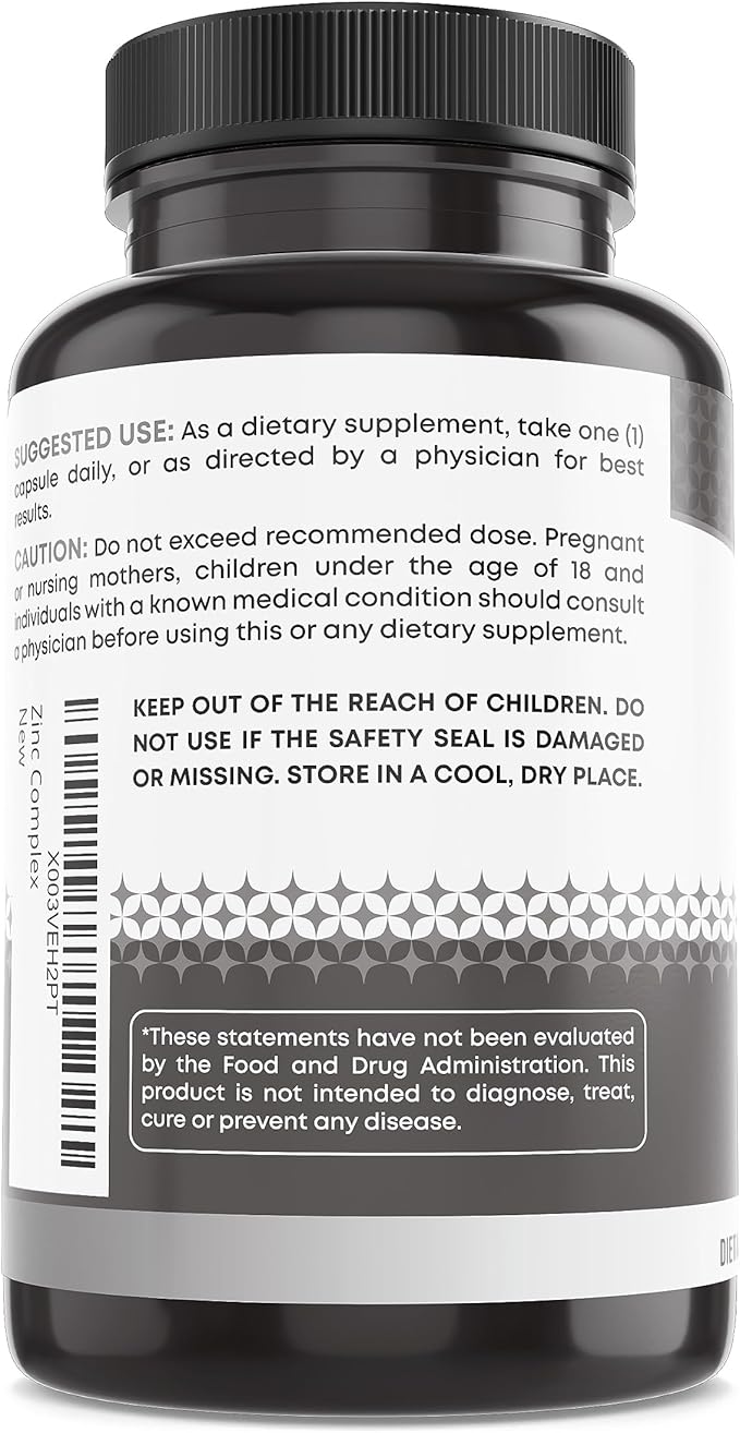 Zinc Complex Capsules with Enhanced Absorption Antioxidant &amp Immune Support Supplement Zinc Supplement for Men &amp Women by Ancient Bliss (60 Capsules)
