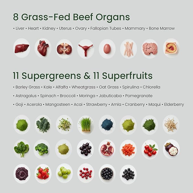 Grass Fed Beef Organ Supplement for Women with Super Greens &amp Antioxidant Fruits – 60+ Bioavailable Nutrients for Hormone Balance Cycle Comfort Primal Energy Immunity Hair &amp Skin – 3 Month