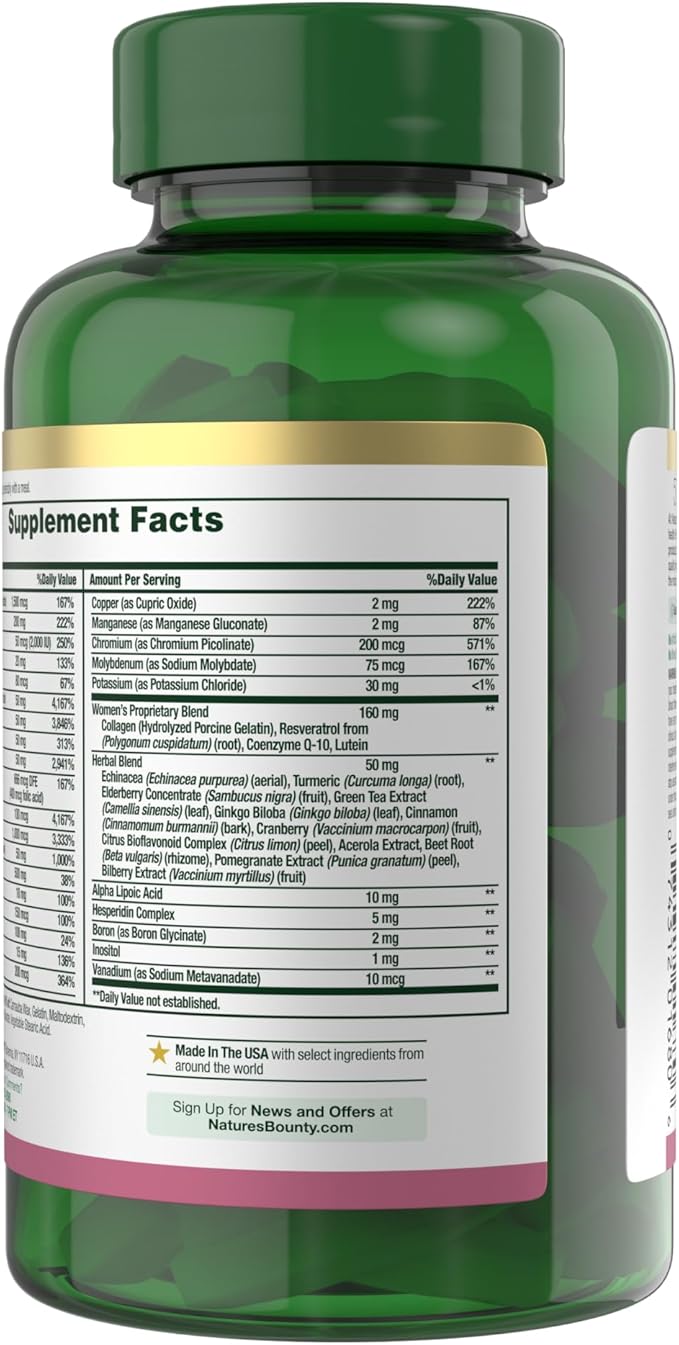Nature’s Bounty High Potency Women’s Complete Multivitamin Daily Vitamin with Vitamin C Supports Heart Health &amp Immune Function Essential Nutrition for Women 120 Caplets
