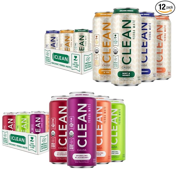 NEW! CLEAN Cause Non-Carbonated Variety Pack &amp Low Calorie Low Sugar Variety Pack USDA Organic Yerba Mate Tea (15.5oz cans 2-12-Pack Case) 160mg Caffeine
