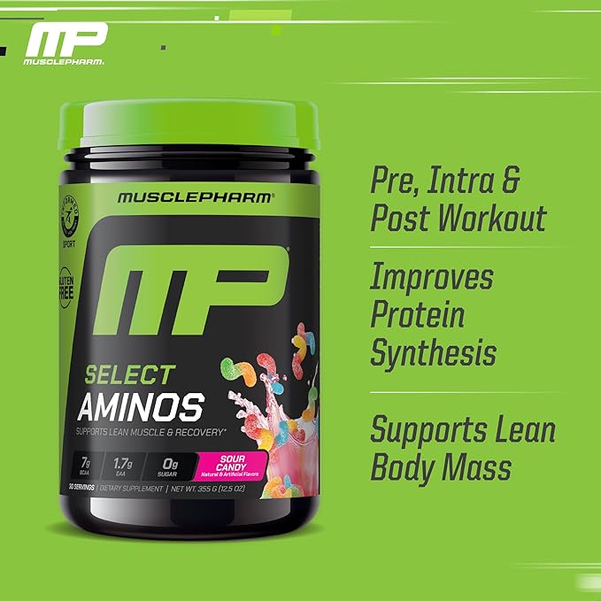 MusclePharm Select Amino's EAA + BCAAs Post Workout Essential Amino Acids Powder Pre Workout Energy Supplement for Men &amp Women with Branched Chain Amino Acids 30 Servings (Sour Candy)