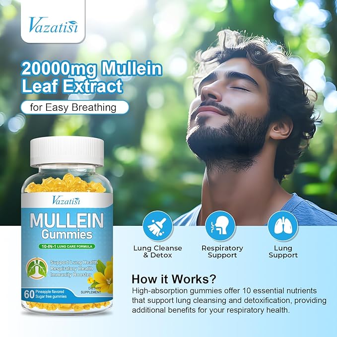 Mullein Gummies Mullein Leaf Extract for Lungs Gummies with Bromelain Quercetin Magnesium - Lung Detox &amp Cleanse Pineapple Flavor 120Cts