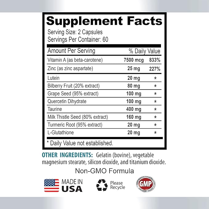 Vision Vitamins with Lutein - Eye Vision Guard 24 MG - Advanced Complex Eye Vision Support Lutein Supplements Vitamin A Supplement Turmeric Extract Bilberry Extract Taurine 1 Bot 60 Capsules