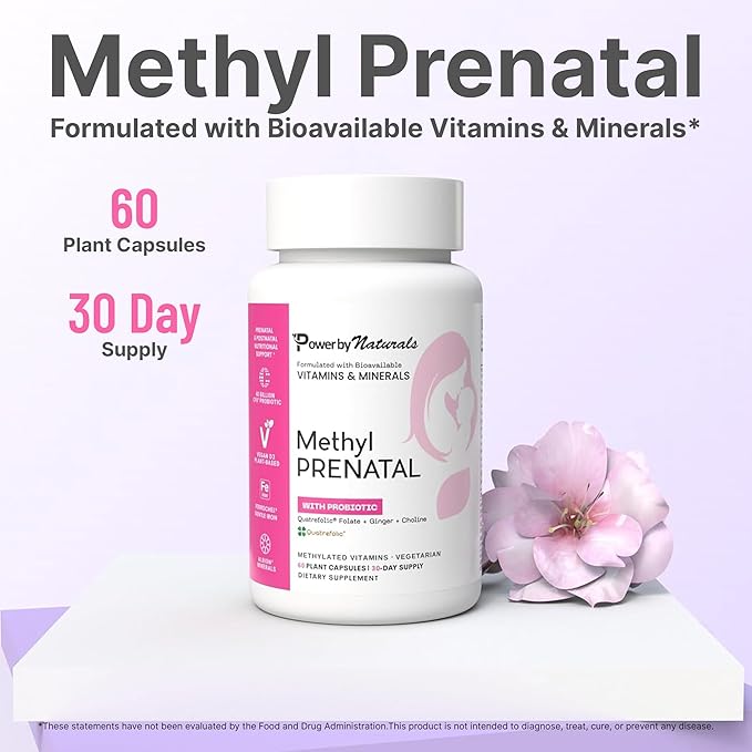 Power By Naturals Methyl Prenatal with Probiotics – Prenatal Vitamins for Women with Iron Methyl Folate B12 &amp 28 Nutrients &amp Botanicals – Vegan Non-GMO Gluten-Free – 60 Capsules (1-Month S