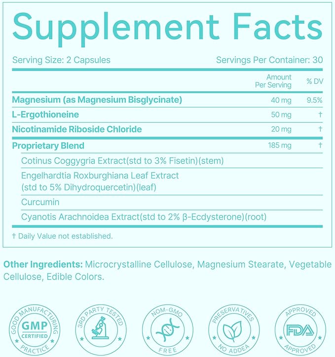 LAIFE L-Ergothioneine PLUS Supplement Cellular Antioxidant Supplement for Energy Skin Vitality &amp Whole-Body Wellness with L-Ergothioneine NR Quercetin Curcumin &amp Magnesium Glycinate 60