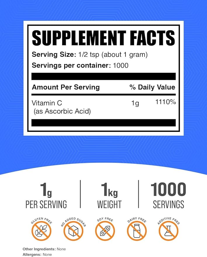 BulkSupplements.com Ascorbic Acid Powder - Vitamin C Supplement for Immune Support - Ascorbic Acid Food Grade Gluten Free 1g per Serving 1kg (2.2 lbs) (Pack of 1)