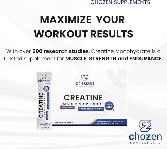 ChoZen Supplements Creatine Monohydrate Powder - 5g (5000mg) | Single Serve Packets | 35 Stick Packs | Keto Friendly | Vegan