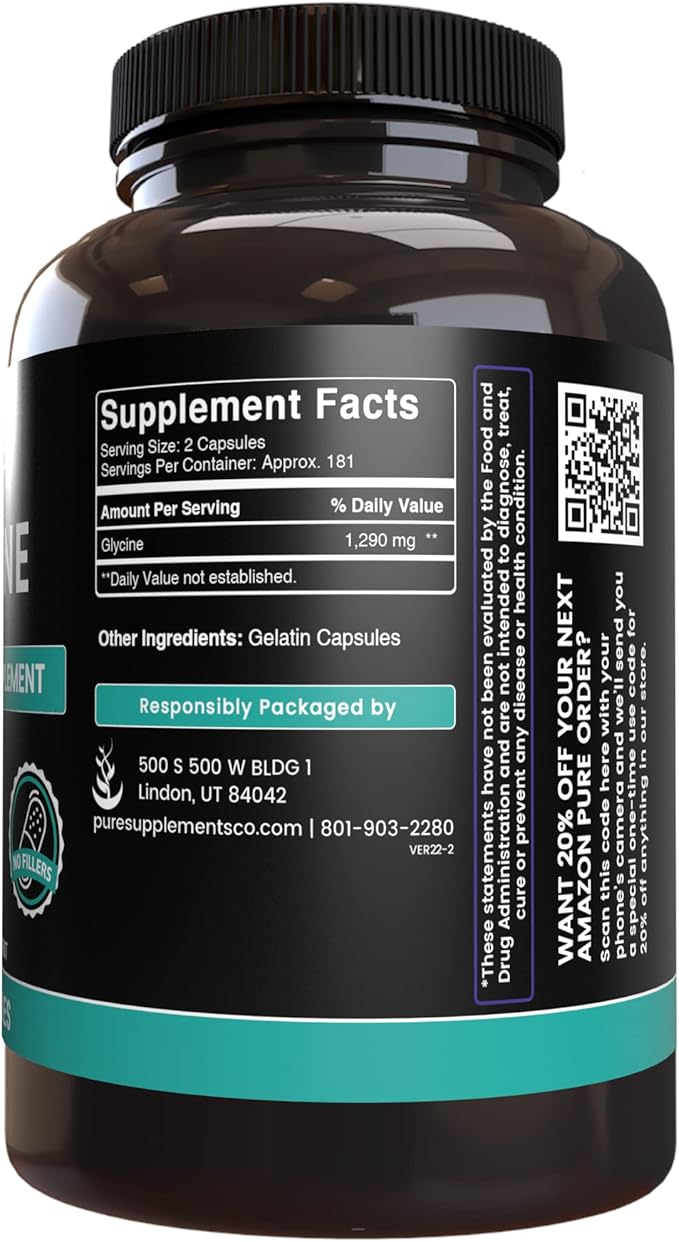 PURE ORIGINAL INGREDIENTS Glycine (365 Capsules) No Magnesium Or Rice Fillers Always Pure Lab Verified