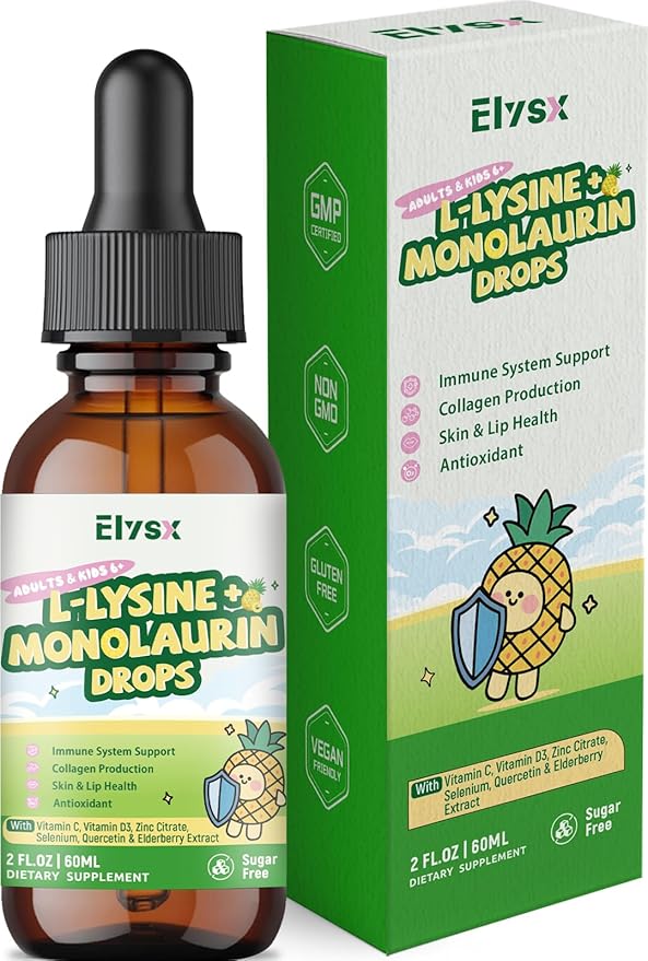L-lysine Monolaurin Liquid Drops Lysine 1000mg Supplement for Kids &amp Adults with Vitamin C &amp D3 Zinc Citrate Selenium Quercetin &amp Elderberry Extract Immune Support Lip &amp Skin He