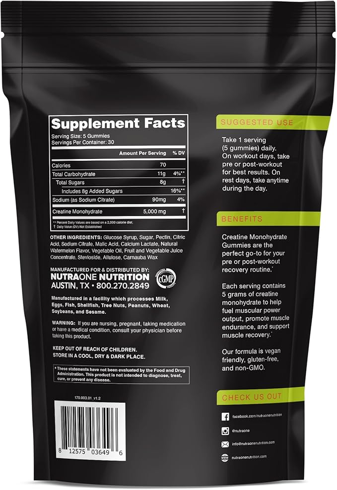 NutraOne Creatine Monohydrate Gummies Pre- and Post Workout Recovery Fuel Muscular Performance Increase Endurance Support Muscle Recovery (Sour Watermelon - 30 Servings)