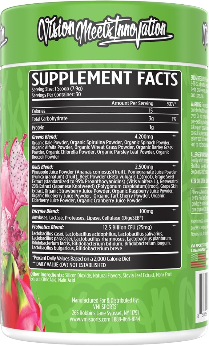 VMI Sports Greens + Reds Advanced Superfood Immunity and Gut Health | Enzymes &amp Probiotics | 30 Servings (Dragon Fruit)