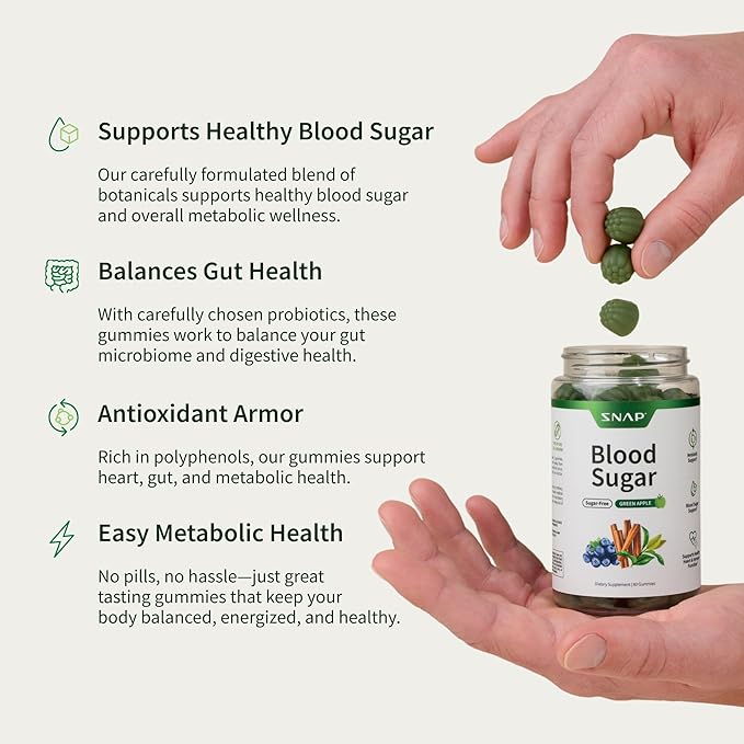 Snap Supplements Blood Sugar Gummies Support Already Healthy Blood Sugar Levels Cinnamon Bark and Blueberry Fruit Extract Green Apple Flavor 60 Gummies