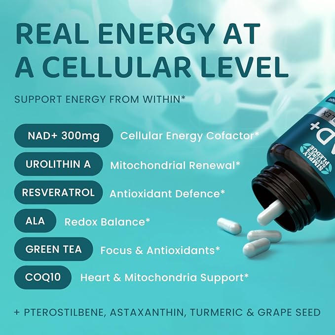 NAD+ Elite Complex – Direct NAD+ 300 mg with Urolithin A Resveratrol CoQ10 &amp Antioxidant Blend – Cellular Energy Mitochondrial Support &amp Healthy Aging – Vegan Non-GMO 60 Capsules (30 Serv