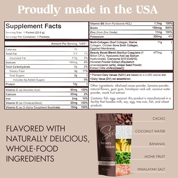 Hydrolyzed Multi Collagen for Women + Vitamins Biotin Hyaluronic Acid CoQ10 Probiotics Zinc | Keto Chocolate Protein Drink Powder (7 Travel Packs) Hair Skin Beauty Supplement by Svete