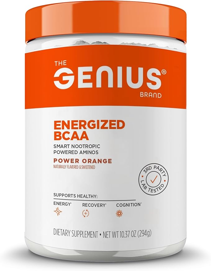 Genius BCAA Powder - 5g Vegan BCAAs L-Glutamine Cognizin &amp Rhodiola Muscle Recovery Energy Support 100mg Caffeine Pre Intra Post-Workout Nootropic Supplement for Focus &amp Performance - Orang