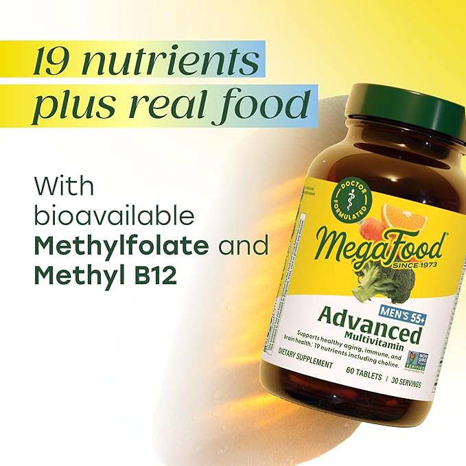 MegaFood Advanced Multivitamin for Men 55+ Mens Multivitamins 50 Plus Methylated B12 Methyl folate Choline Vitamin D Brain &amp Muscle Health Immune Support Vegetarian - 120 Tablets (60 Servi