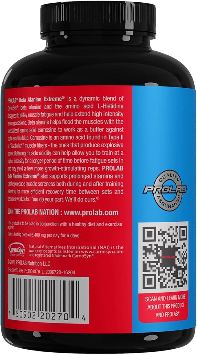 ProLab Nutrition Beta Alanine Extreme with Carnosyn 3200mg High Potency Boosts Workout Endurance &amp Delays Fatigue (240 Caps)