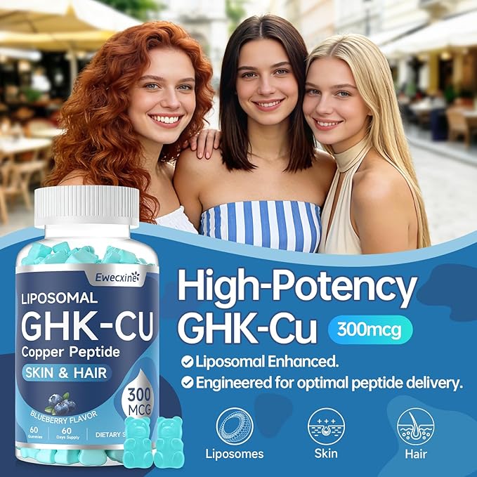 GHK-Cu Copper Peptide Gummies Supplement 300 mcg per Serving Liposomal Formula 60 Vegan Gummies – Beauty Support Matrix with Biotin Phytoceramides &amp Herbal Blend