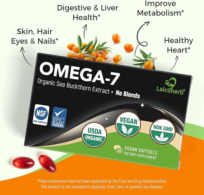 Organic Omega 7 Sea Buckthorn Oil Capsules - Omega 7 3-6-9 Supplements for Skin Eye Hair &amp Nail Health Hydration &amp Wellness SupportUSDA-Certified 30 Softgels Travel-Friendly
