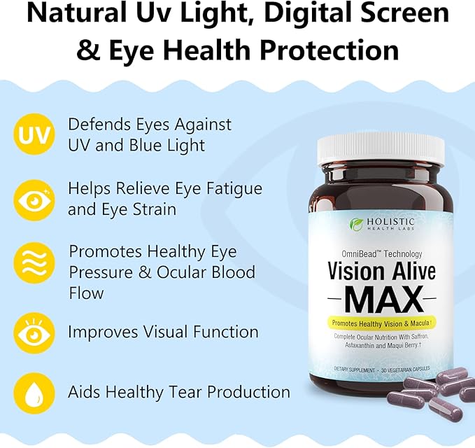 Holistic Health Labs Vision Alive Max with 8 Natural Ingredients Lutemax® 2020 Bilberries Blueberries c3g from Black Currant Maqui Berry Saffron and Astaxanthin (30 Count (Pack of 3))