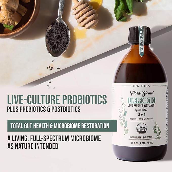 Flora Biome - Live Probiotic Prebiotic &amp Postbiotic – Organic Live-Culture – 10 Probiotic Strains 18 Fermented Herbs - Complete Gut Health &amp Microbiome Optimizer (16 oz)