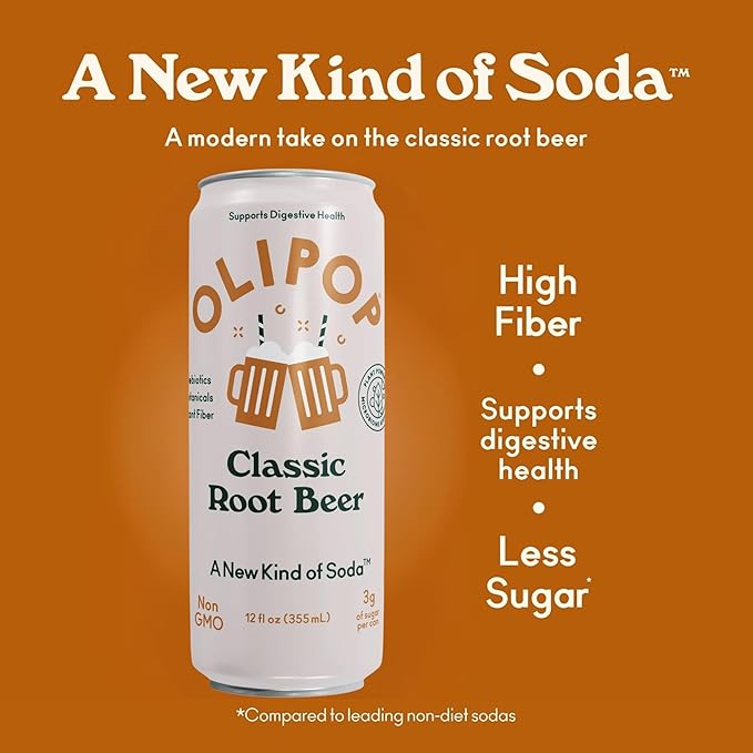 OLIPOP Prebiotic Soda Pop Classic Root Beer Pantry Pack Packed with Prebiotics Fiber and Botanicals Gluten Free GMO Free 12oz Skinny (12-Cans)