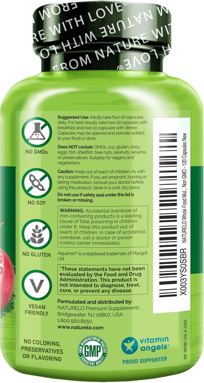 NATURELO Whole Food Multivitamin for Women - with Vitamins Minerals &amp Organic Extracts - Supplement for Energy and Heart Health - Non GMO - 120 Vegan Capsules