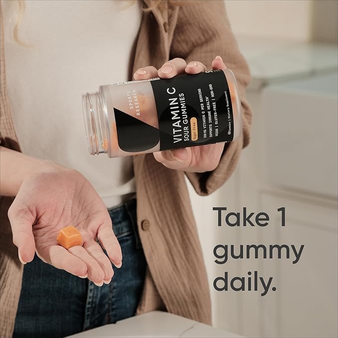 Sports Research­® Vitamin C Gummies | 500 mg Vitamin C | Sugar Free Gelatin Free Vegan Certified &amp Non-GMO Tested | Immune &amp Antioxidant Support 60 Gummies