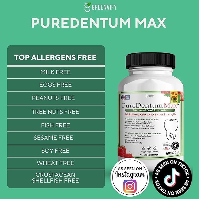 Puredentum Max for Gums and Teeth Health &amp Fresh Breath - 40 Billion CFU Advanced Oral Probiotics for Mouth Bad Breath Capsule Supplement