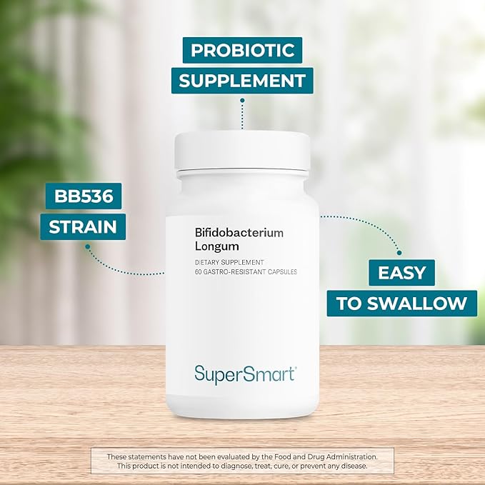 Supersmart - Bifidobacterium Longum (BB536) 6 Billion CFU per Day - Probiotics &amp Prebiotics Supplement | Non-GMO &amp Gluten Free - 60 DR Capsules