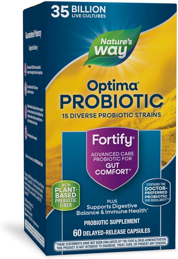 Nature's Way Fortify Optima Probiotic for Adults 35 Billion Live Cultures 15 Strains Supports Digestive Balance and Immune Health* No Refrigeration Required 60 Capsules (Packaging May Vary)