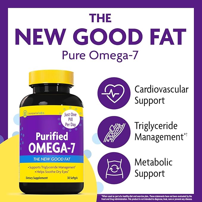 InnovixLabs Purified Omega 7 Supplement - 210 mg Omega-7 Palmitoleic Acid Fish Oil for Metabolism &amp Triglyceride Support Essential Fatty Acids IFOS Approved 30 Softgels (Pack of 2)