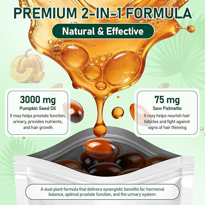 Pumpkin Seed Oil with Saw Palmetto Cold-Pressed 300 Softgels Hair Growth Radiant Skin Urinary &amp Prostate | Rich in Fatty Acids &amp Phytosterols | Pure &amp Natural Non-GMO