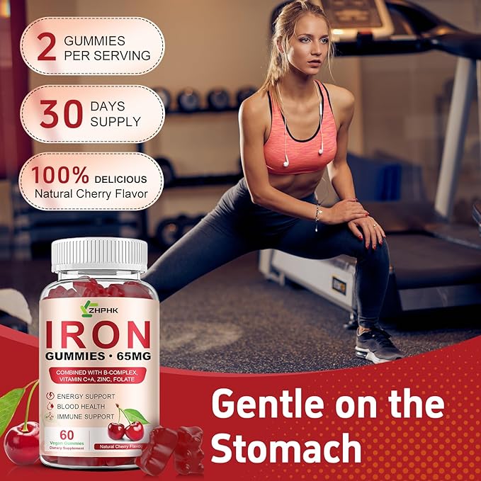 Iron Supplement for Women Men &amp Kids Iron 65mg &amp Vitamin C 250mg per Serving with B6 B12 Folate- Energy Support for Iron Deficiency Anemia Vegan Gummy Cherry Flavor 60 Count