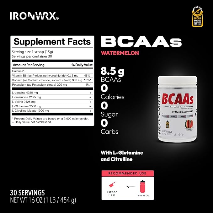 BCAA Powder | 8g Amino Acids per Serving | 2:1:1 Ratio with Citrulline Malate &amp L-Glutamine | Advanced Muscle Recovery &amp Soreness Support | Watermelon 30 Servings | Zero Sugar Keto Friendly