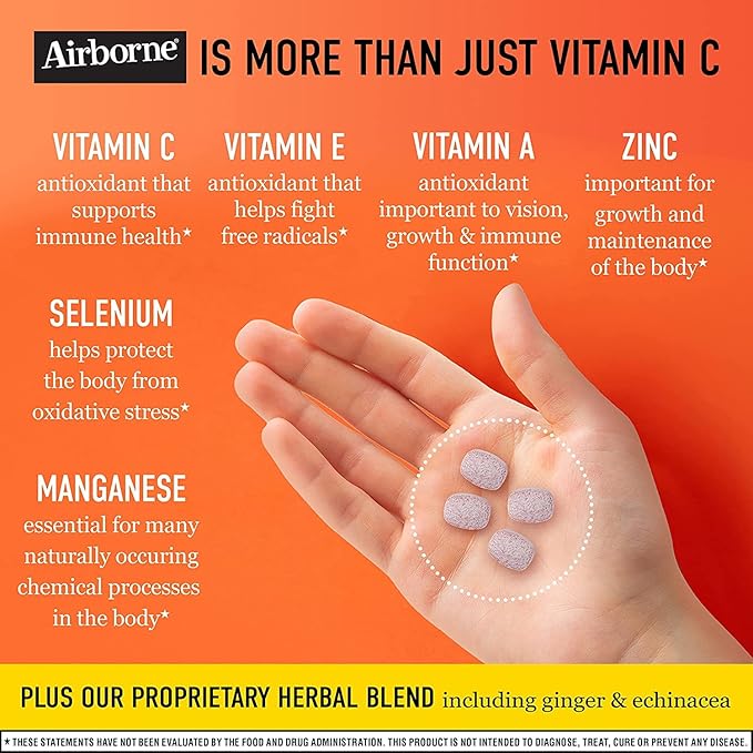 Airborne 1000mg Vitamin C + Zinc Immune Support Supplement Chewable Tablets Very Berry &amp Citrus Flavor with Powerful Antioxidants Vitamins A C &amp E 116 Chewable Tablets (Very Berry + Citrus)
